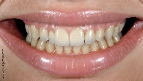 Close-up of a smiling woman's teeth revealing white spots and plaque on the tooth surface. Oral care and Dental concept.