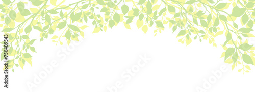 Spring Border Frame with Fresh Green Leaves. Silhouettes of tree branches, crown, winding arch of leaves. Floral natural background. Editable vector illustration