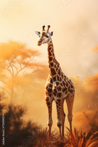 Wild giraffe with long neck and spotted coat looking away while standing in savanna against blurred background
