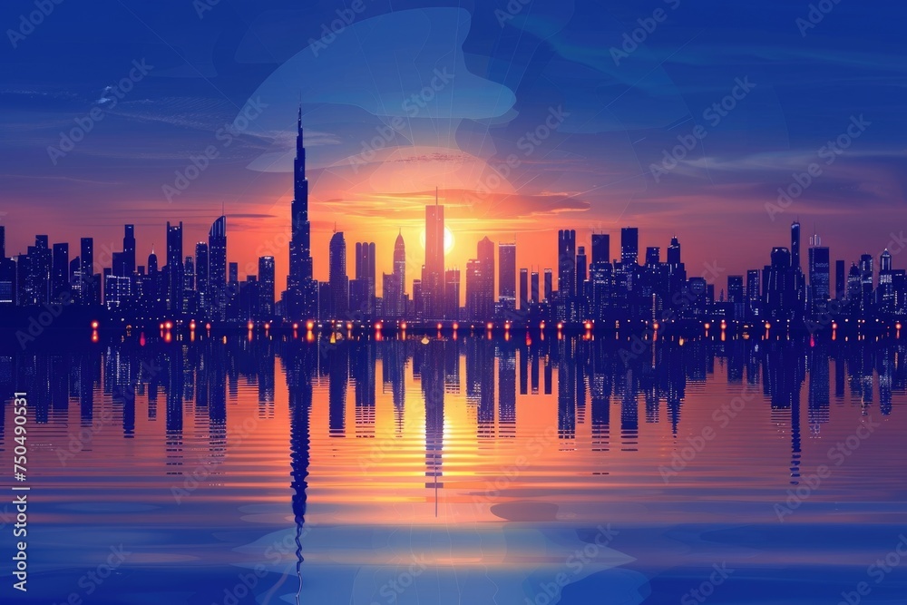 Naklejka premium Majestic Sunset Over Dubai Skyline with Reflections on Water, Featuring Burj Khalifa and Modern Architectural Marvels
