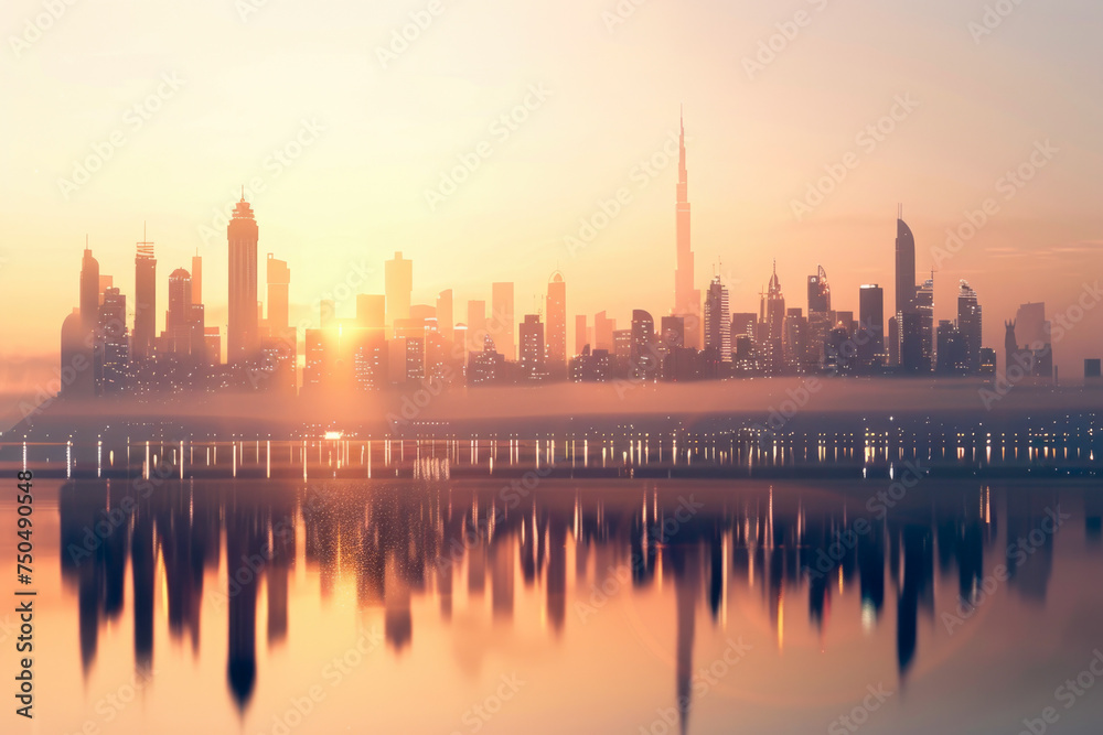 Fototapeta premium Majestic Sunset Over Dubai Skyline with Reflections on Water, Featuring Burj Khalifa and Modern Architectural Marvels