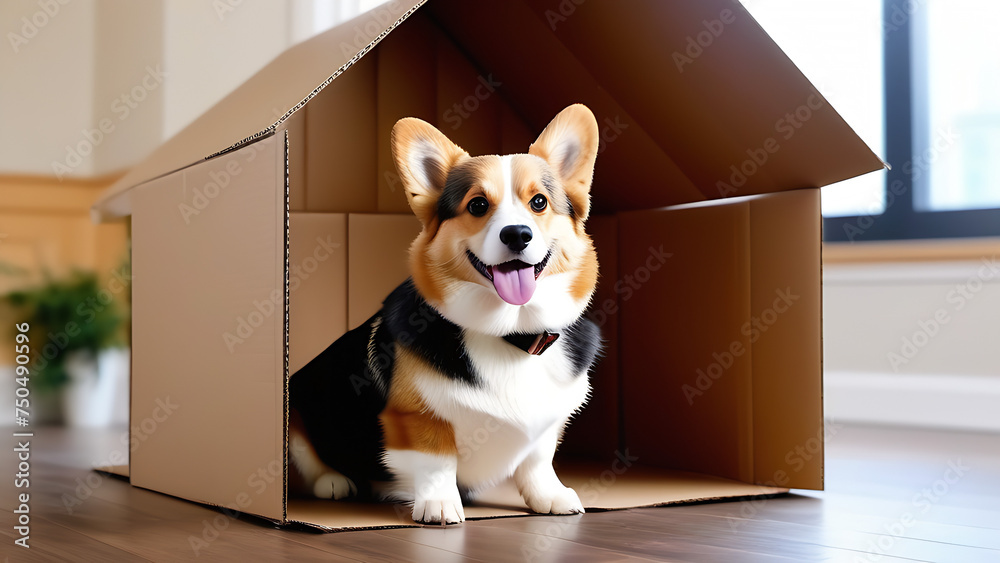 A happy corgi dog is sitting in his new cardboard house with a roof . A real estate agency, buying an apartment or a country house. Housewarming, new apartment, mortgage