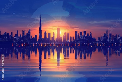 Majestic Sunset Over Dubai Skyline with Reflections on Water, Featuring Burj Khalifa and Modern Architectural Marvels © romanets_v