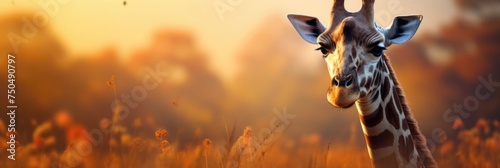 Wild giraffe with long neck and spotted coat looking away while standing in savanna against blurred background photo