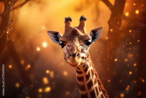 Wild giraffe with long neck and spotted coat looking away while standing in savanna against blurred background