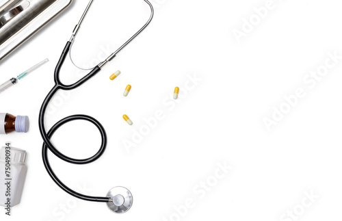 Creative flatlay of doctor medical equipment white table with stethoscope, medical documents, thermometer, syringe and pills, Health care concept, PNG transparency with shadow