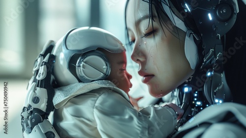 Emotive Science Fiction Scene: asian Humanoid Robot and Infant in a Tender Embrace - A Blend of Artificial Intelligence and Human Connection