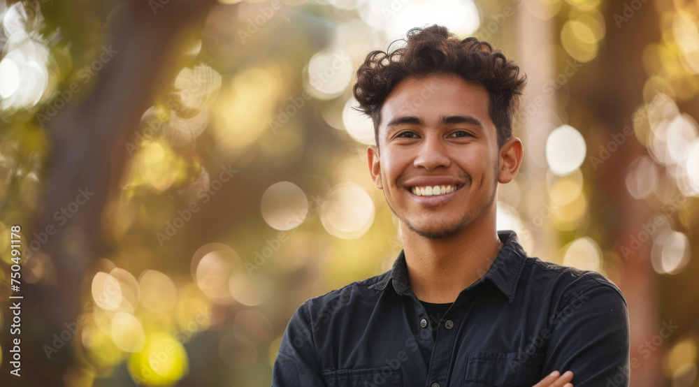 Young, man and portrait of a male laughing in a park for peace, contentment and vitality. Happy, smiling and confident latin person radiating positivity outdoors for peace, happiness and exploration - obrazy, fototapety, plakaty 