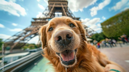 Joyful Golden Retriever Dog Taking a Selfie in Front of the Eiffel Tower: A Canine's Exciting Day Out in the Heart of Paris, Embracing the Spirit of Travel and Exploration