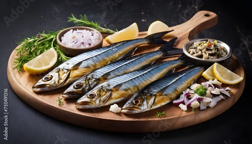Fragrant Smoked herring fish fillet on wooden board with herbs.  Isolated on white background, top view