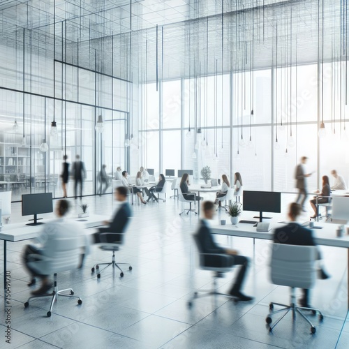 White, light gray, and sky blue business offices with blurred people's casual wear.