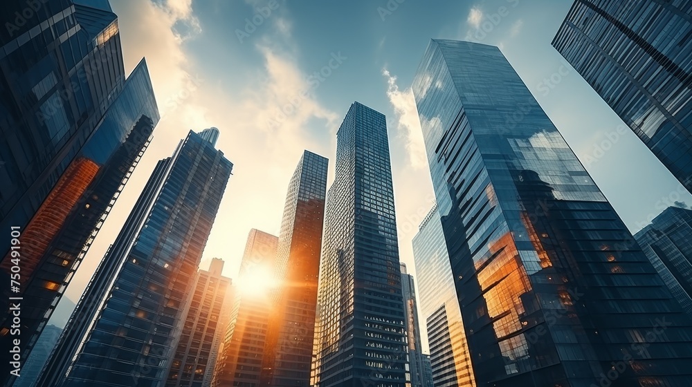 bottom view of modern skyscrapers in business district