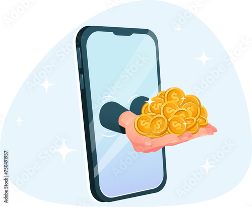concept of an online transfer or loan, hands from a smartphone holding a handful of coins
