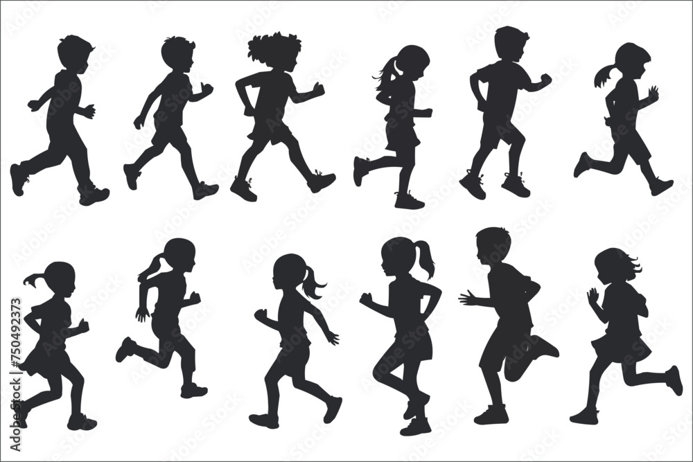 Silhouette of running children on white background, Boys and girls running silhouettes, Black silhouettes of children running