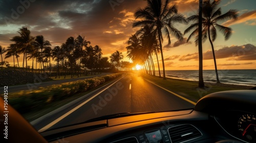 Car on the road with palm trees and a sunrise view © Media Srock