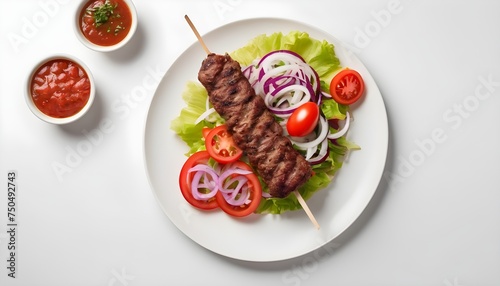 Grilled Adana kebab served with tomato, salad and onion. White background. Top view.