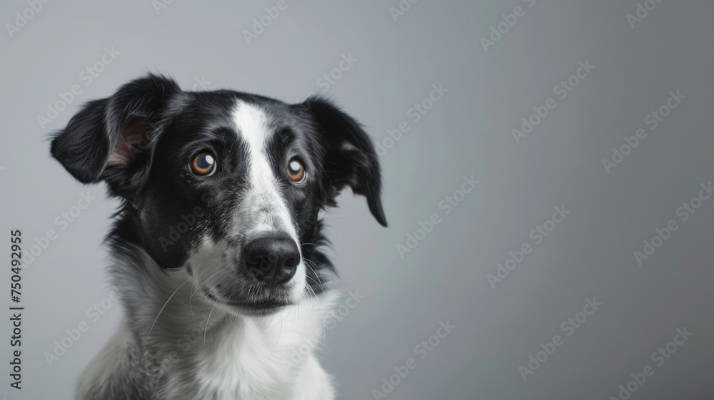 Attentive black and white dog with soulful eyes posing against a neutral gray background.