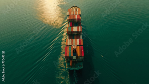 Aerial shot of a cargo ship loaded with colorful containers on the sea.