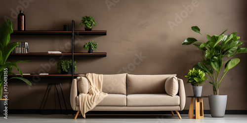 Modern Living Room with Green Sofa, Chair, and Bookshelf Against Wall ,wooden partition wall, beige rug, plants and personal accessories 