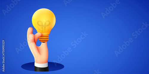 3d cartoon hand holding lightbulb. Concept of idea or creativity.