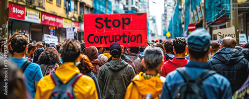 Crowd of protesters with a bold Stop Corruption sign, rallying on urban streets for political integrity, governance reform, and anti corruption movements © Bartek