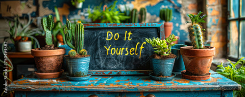 Do It Yourself inspirational quote on a black chalkboard with cacti and green plant in pots, encouraging creativity and personal effort