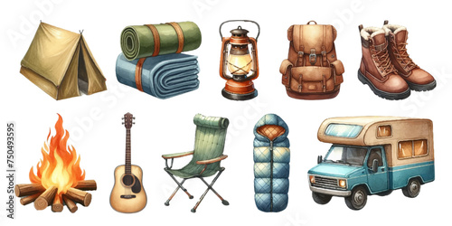Watercolor illustration material set of camping