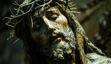 Recreation of wood image of Jesus Christ with thorns crown crucifixied