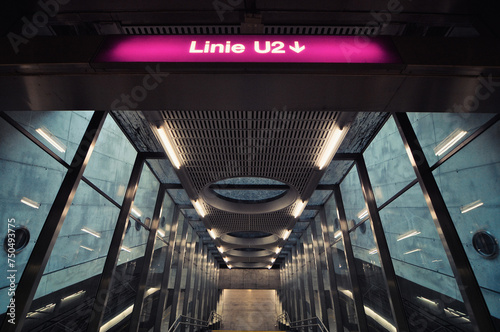 Canvas Print Futuristic staircase inside modern subway station: glass, concrete and metal