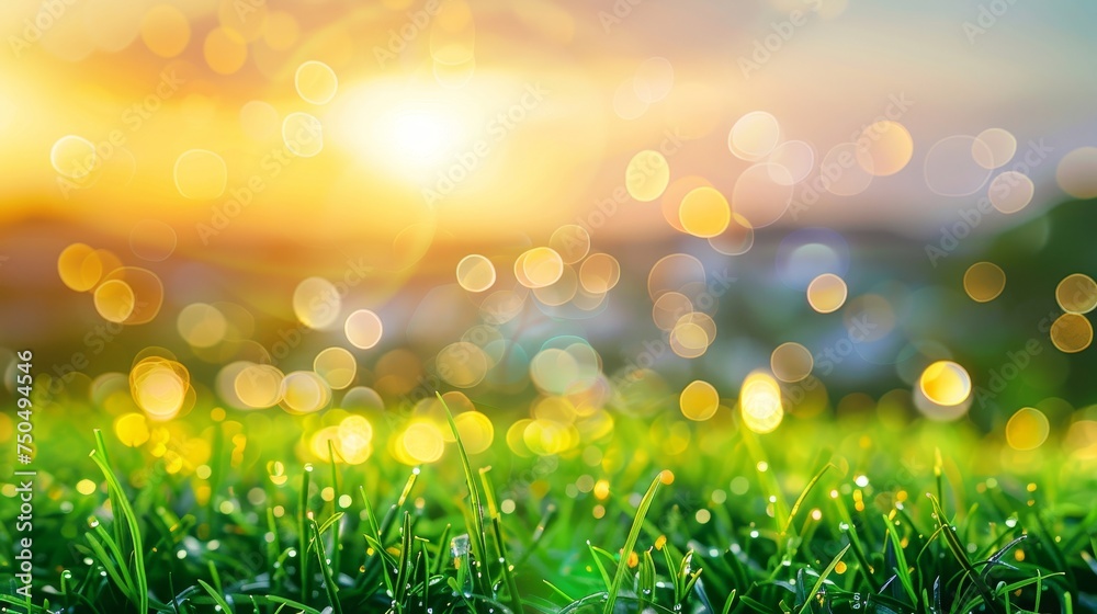 Background of green nature and autumn sunrise over abstract blurry colorful bokeh city lights on World Environment Day concept