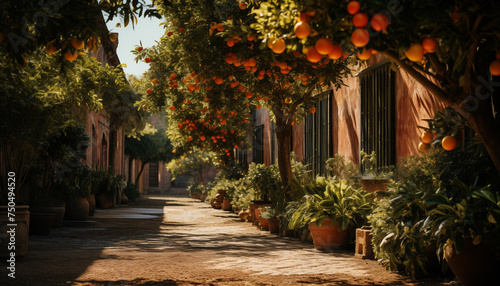 orange orchards in the city. alley of orange trees in the old town with paving stones.