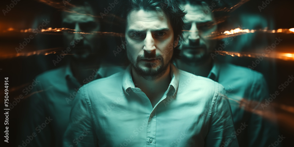 person with mental and bipolar disorders. Portrait of a psychopath schizophrenic man with hallucinations on a black background