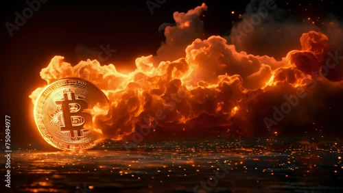 Bitcoin with hot flames on fire. Golden bitcoin crypto-currency with BIT symbol on fire flying high. Isolated on BLACK background. Crypto asset  futuristic virtual gold. Bullish Bitcoin 4k video photo