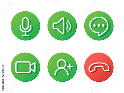 set of video call icons, video conference buttons, collections buttons video chat app, call technology, web app ui display template, videoconferencing and online meeting workspace, green vector icons