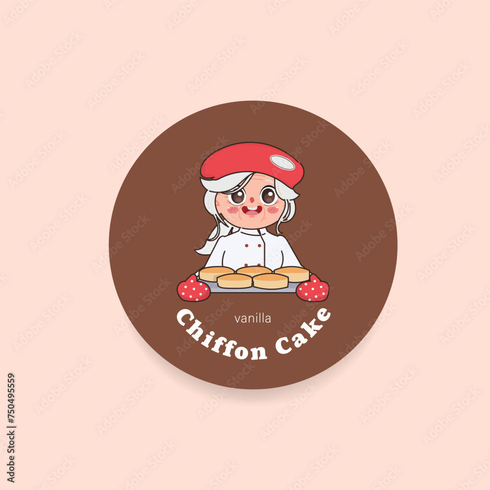 Vanilla chiffon cake by cute grandmother chef. Logo sticker design. Vanilla chiffon cake by cute grandmother chef. Logo sticker design.