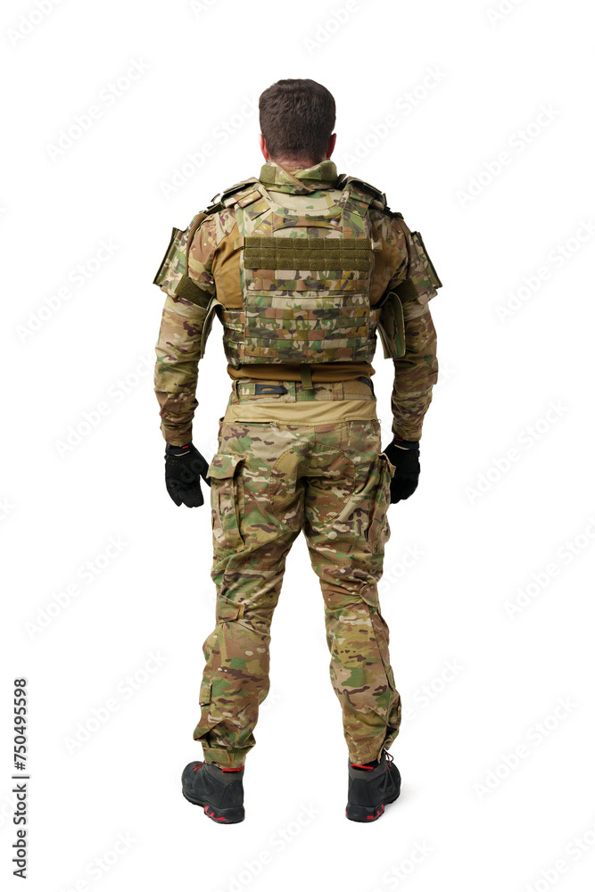 Back view of male soldier in military uniform isolated on white background Back view of male soldier in military uniform isolated on white background