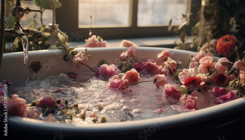 romantic setting floral decoration in the bath for spa treatments. flowers in the bath.