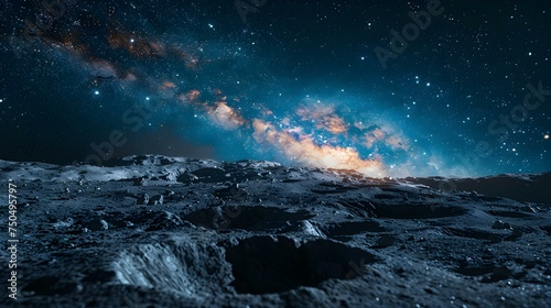 Exploring the moon astronauts surrounded by stars and the Milky Way above. Concept Moon Exploration, Astronauts, Starry Night, Milky Way, Space Adventure © Anastasiia