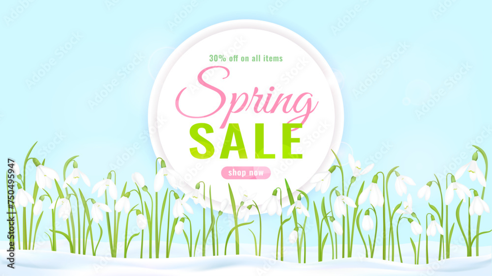 Spring sale banner with snowdrops on a blue background. Spring flowers in the snow. Vector illustration template. Design for wallpaper, invitation, flyer, discount coupon.