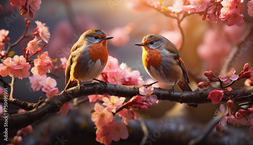 two small birds sit on a branch of a flowering tree.