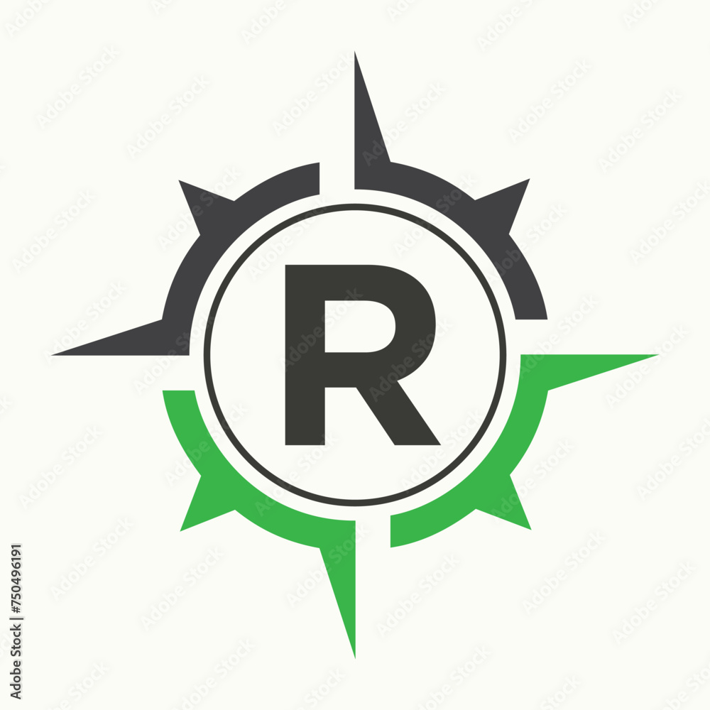 Compass Logo On Letter R Alphabet. Navigator Symbol Compass Logo On Letter R Alphabet. Navigator Symbol