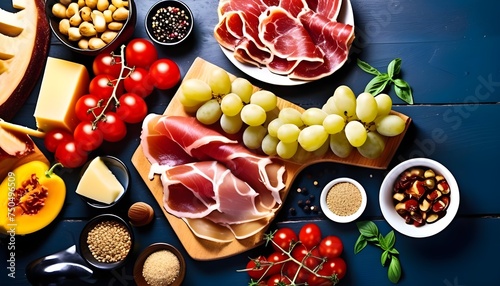 Italian appetizer platter, antipasti snack with Prosciutto ham, Parmesan, Blue cheese, Melon and Olives on wooden board. White background. Top view.