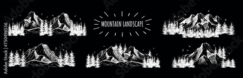 mountain landscape set on a black background hand drawing vector. collection of mountains and fir trees vector chalk drawing on a black background