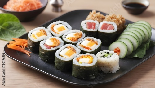 Korean rice roll Kimbap or gimbap made from steamed white rice.  Isolated, white background
