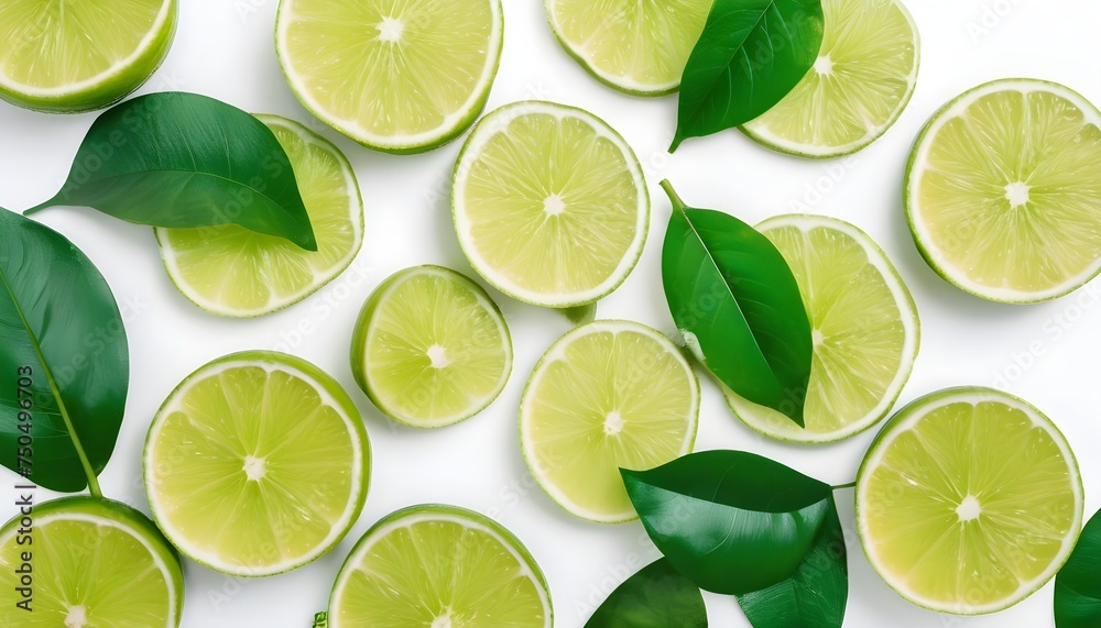 Lime slices with leaves on a white background Lay flat, top view