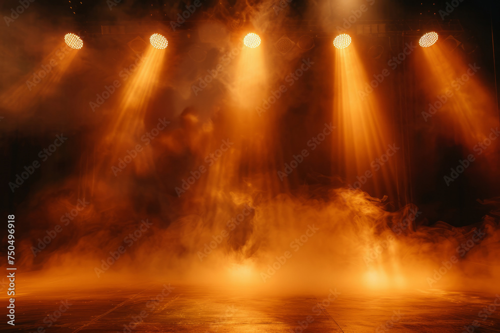 Fototapeta premium Concert stage against with dramatic lighting and atmospheric smoke. Empty musical stage with illuminated spotlights