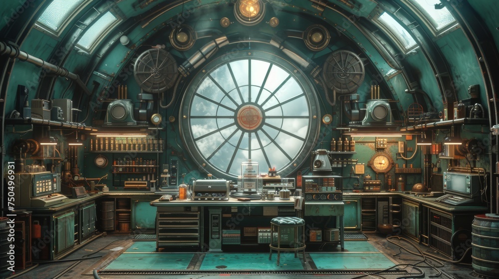 Obraz premium Steampunk submarine interior with intricate machinery and large porthole
