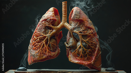  lungs of a smoker with smoke, the concept of the impact of smoking habits on human health, dark background photo