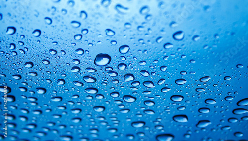 Close-up blue water drops, detail of blue surface water-repellent on glass for background. raindrop waterdrops with selective focus