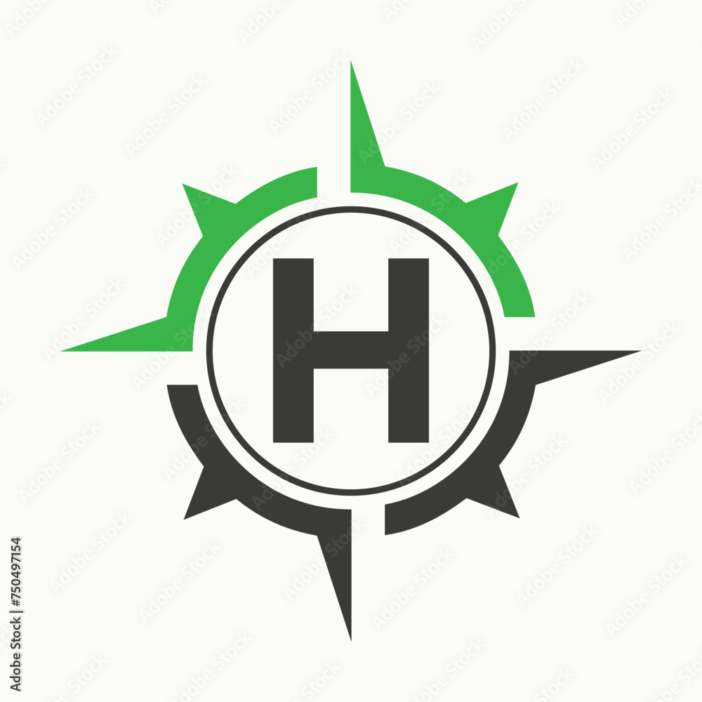 Compass Logo On Letter H Alphabet. Navigator Symbol
